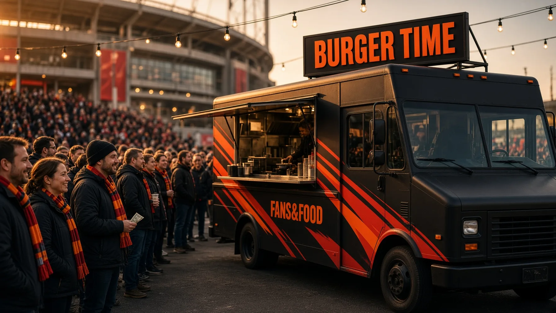 Aficionados con bufandas en el food truck Fans&Food ante un estadio (recreación generada).